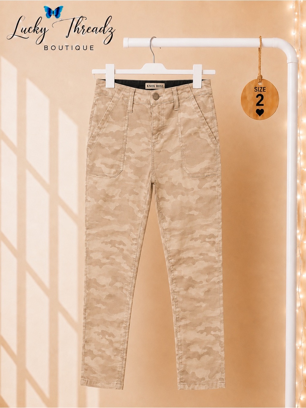 Knox Rose Tan Camo Skinny Pants Size 2 Ankle Length Front Pocket Utility Casual